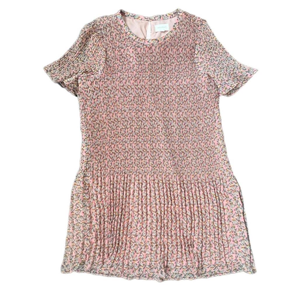 Melloday Mini Dress Pink Paisley Floral Pleated Metallic‎ Short Sleeve L